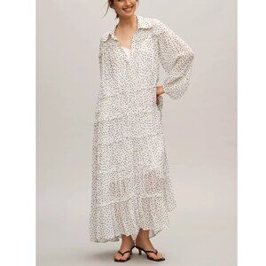 By Anthropologie Long-Sleeve Smocked Tiered Maxi Dress White Black Polka Dot M